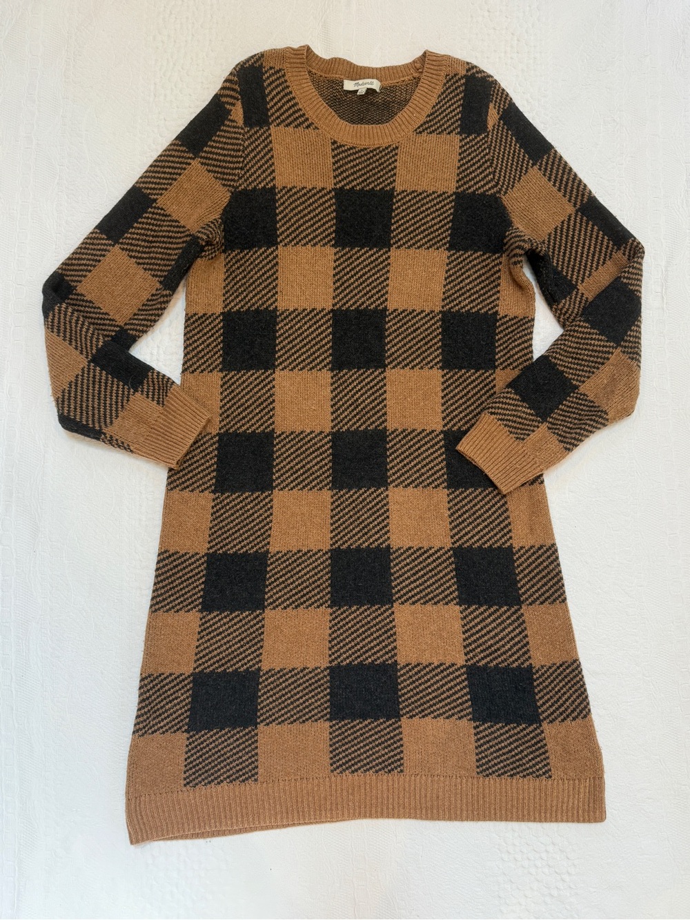 Madewell Sweater Dress Wool Blend Black Brown Buffalo Check Women’s Size Large L